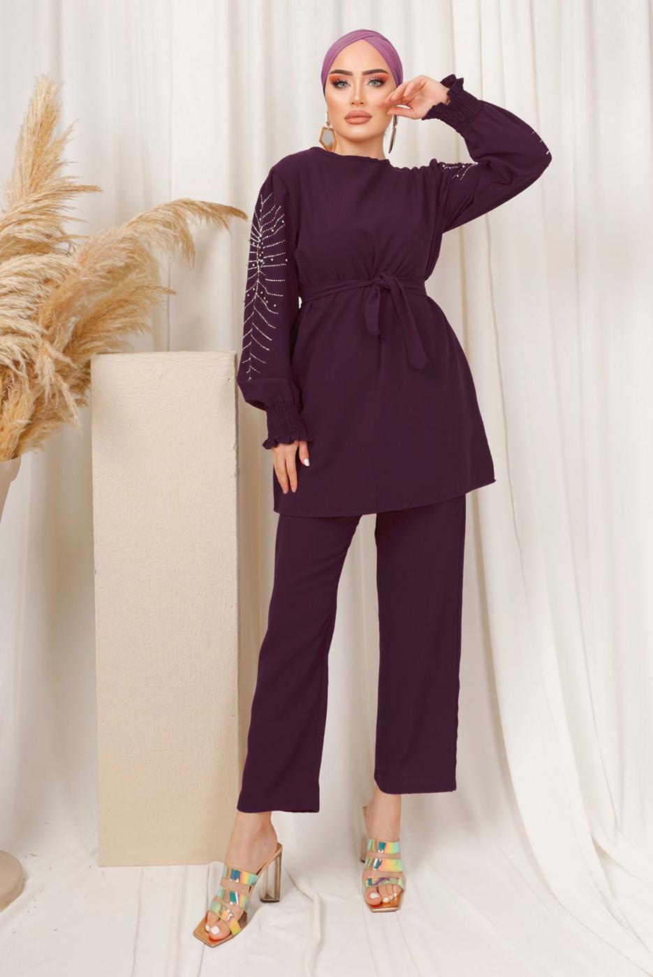 Tesettür giyim MOR KOLU İŞLEMELİ KUŞAKLI PANTOLONLU TAKIM T 0303