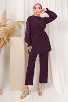 Tesettür giyim MOR KOLU İŞLEMELİ KUŞAKLI PANTOLONLU TAKIM T 0303