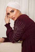 Tesettür giyim BORDO KOLU İŞLEMELİ KUŞAKLI PANTOLONLU TAKIM T 0303