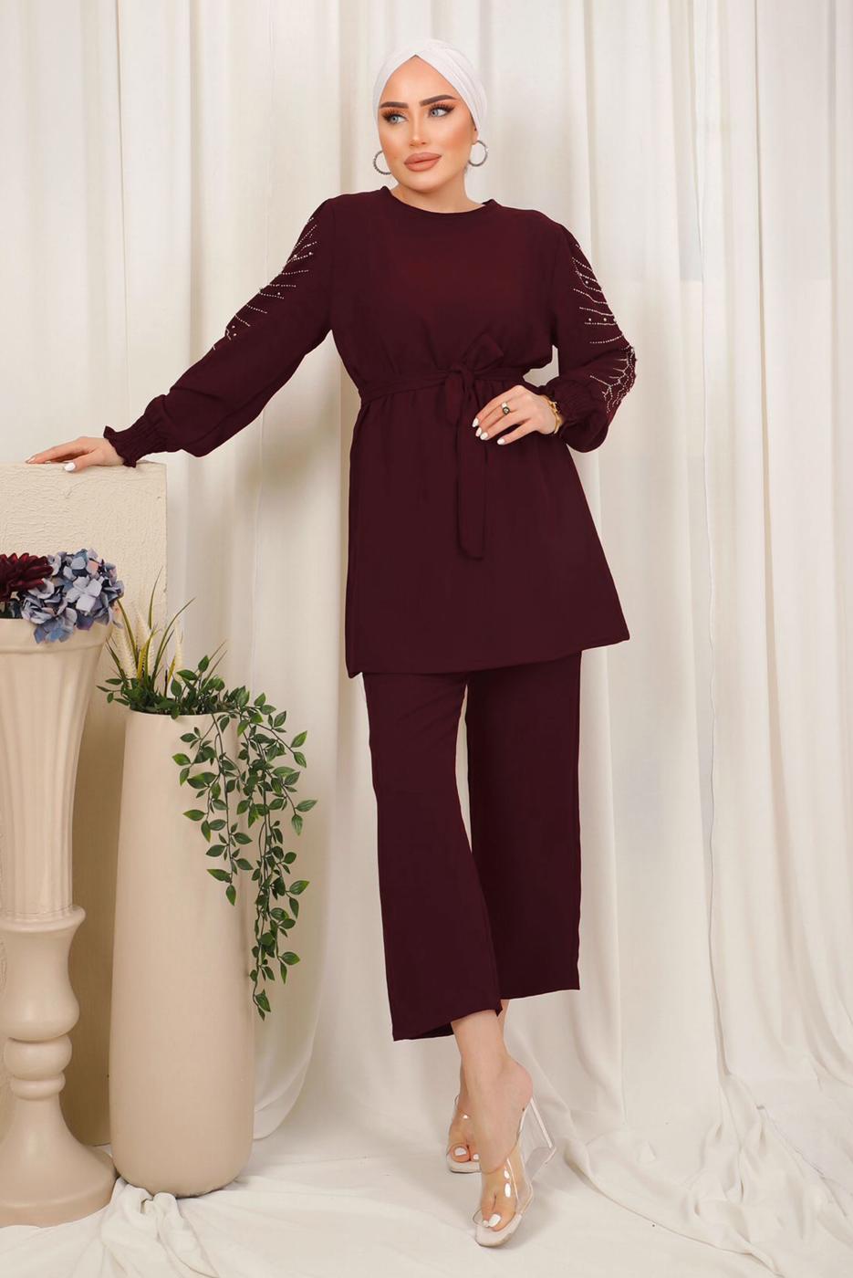 Tesettür giyim BORDO KOLU İŞLEMELİ KUŞAKLI PANTOLONLU TAKIM T 0303