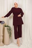 Tesettür giyim BORDO KOLU İŞLEMELİ KUŞAKLI PANTOLONLU TAKIM T 0303