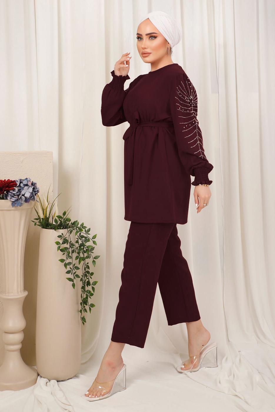 Tesettür giyim BORDO KOLU İŞLEMELİ KUŞAKLI PANTOLONLU TAKIM T 0303