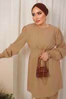 Tesettür giyim KAHVE KOLU İŞLEMELİ KUŞAKLI PANTOLONLU TAKIM T 0303