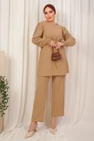 Tesettür giyim KAHVE KOLU İŞLEMELİ KUŞAKLI PANTOLONLU TAKIM T 0303