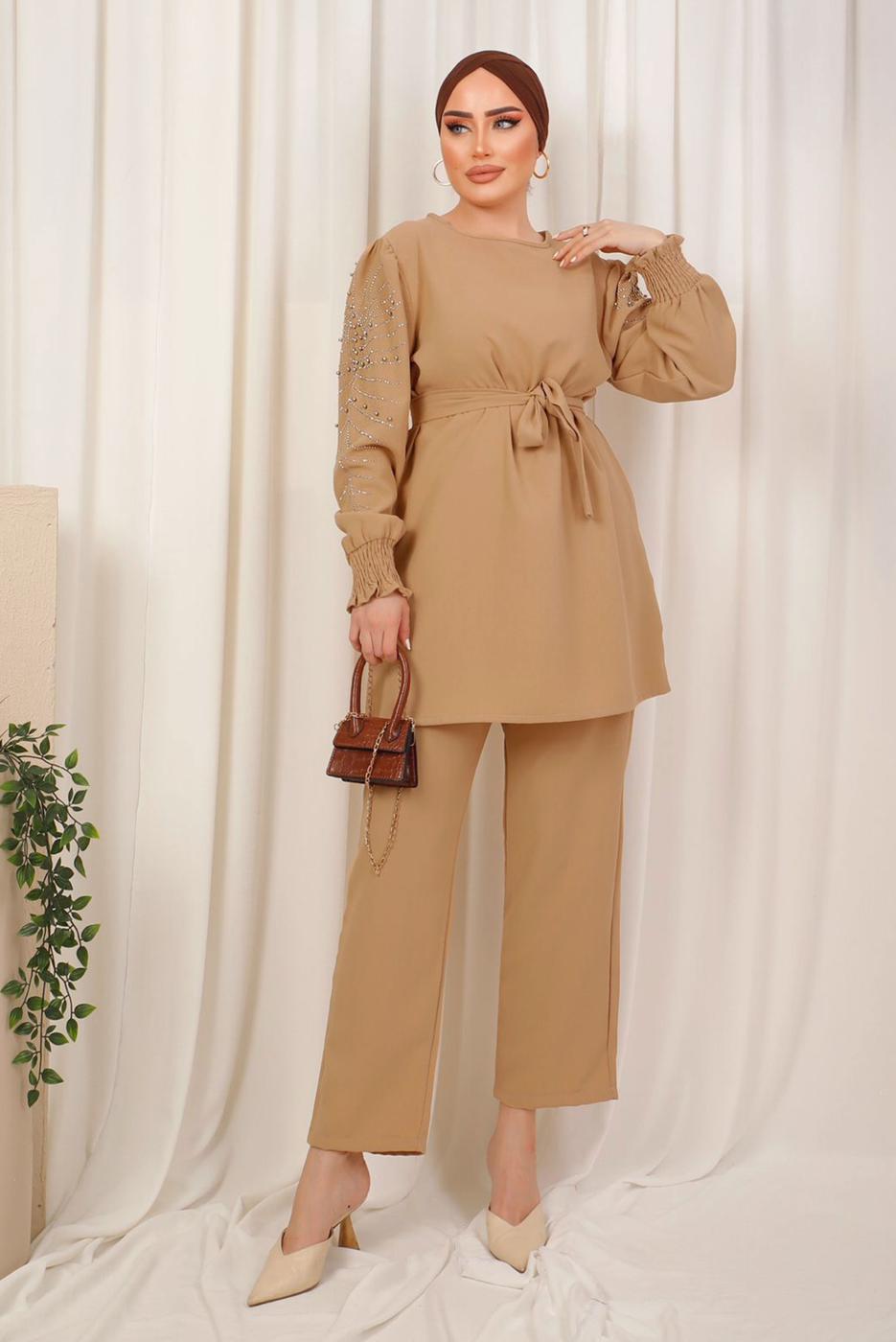 Tesettür giyim KAHVE KOLU İŞLEMELİ KUŞAKLI PANTOLONLU TAKIM T 0303