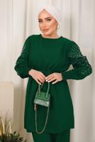 Tesettür giyim YEŞİL KOLU İŞLEMELİ KUŞAKLI PANTOLONLU TAKIM T 0303