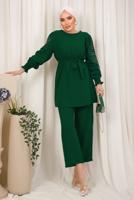 Tesettür giyim YEŞİL KOLU İŞLEMELİ KUŞAKLI PANTOLONLU TAKIM T 0303