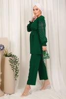 Tesettür giyim YEŞİL KOLU İŞLEMELİ KUŞAKLI PANTOLONLU TAKIM T 0303