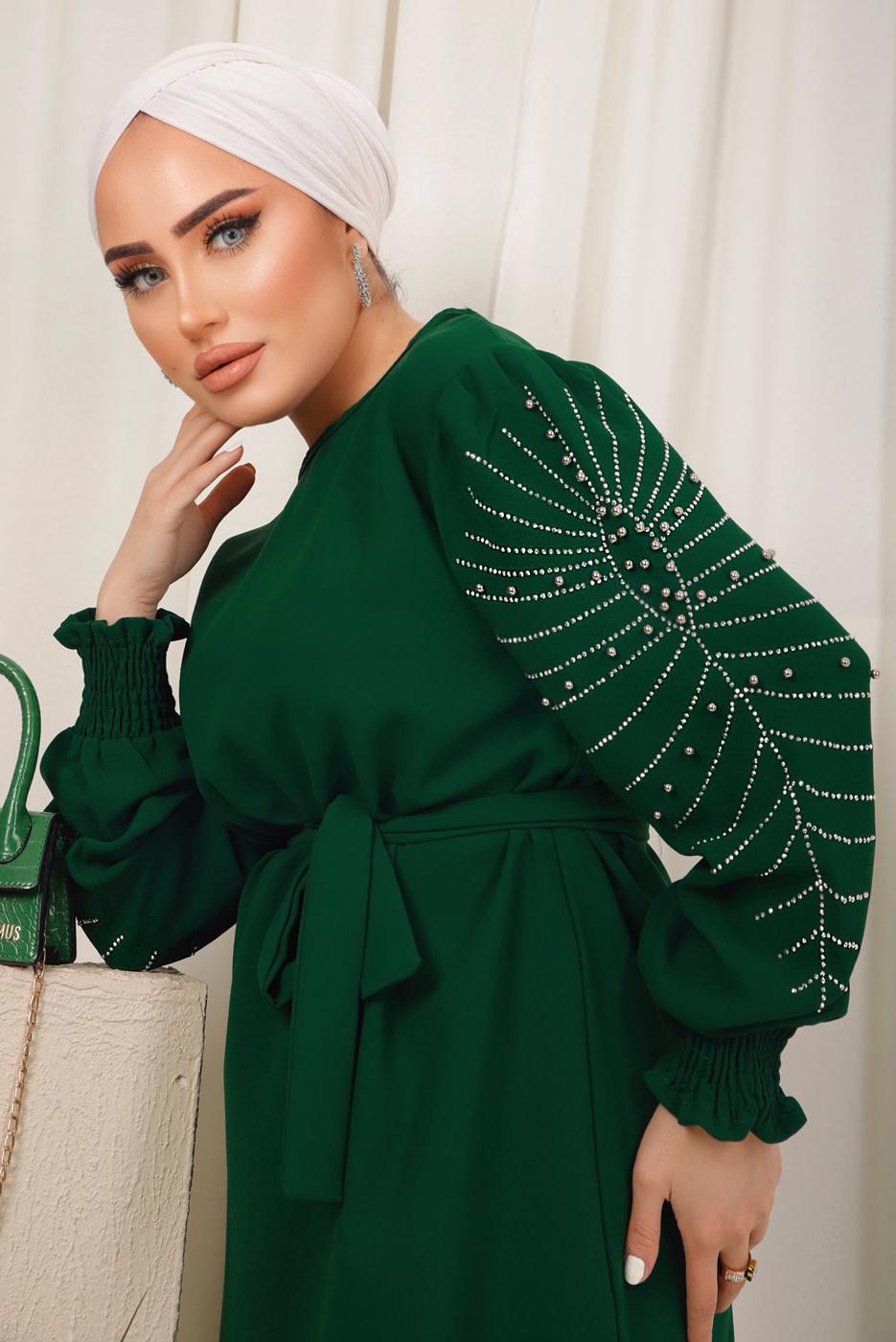 Tesettür giyim YEŞİL KOLU İŞLEMELİ KUŞAKLI PANTOLONLU TAKIM T 0303