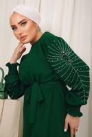 Tesettür giyim YEŞİL KOLU İŞLEMELİ KUŞAKLI PANTOLONLU TAKIM T 0303