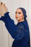 Tesettür giyim LACİVERT KOLU İŞLEMELİ KUŞAKLI PANTOLONLU TAKIM T 0303