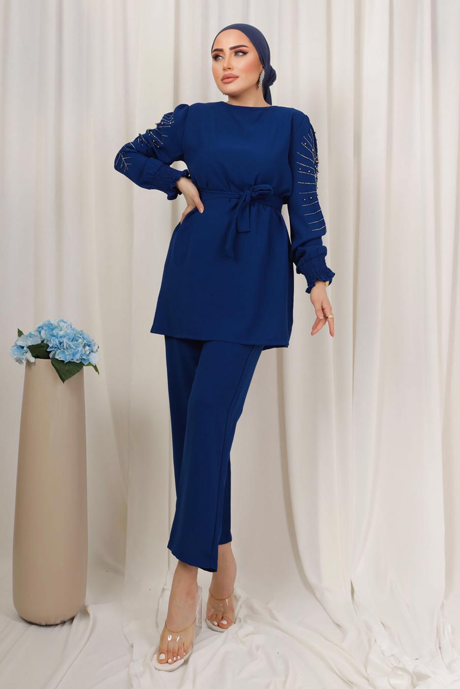 Tesettür giyim LACİVERT KOLU İŞLEMELİ KUŞAKLI PANTOLONLU TAKIM T 0303