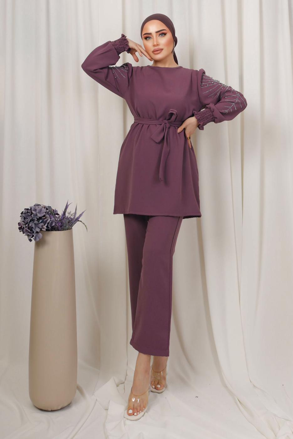 Tesettür giyim PEMBE KOLU İŞLEMELİ KUŞAKLI PANTOLONLU TAKIM T 0303