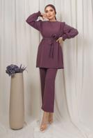 Tesettür giyim PEMBE KOLU İŞLEMELİ KUŞAKLI PANTOLONLU TAKIM T 0303