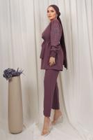 Tesettür giyim PEMBE KOLU İŞLEMELİ KUŞAKLI PANTOLONLU TAKIM T 0303