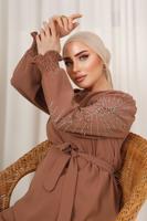 Tesettür giyim KAHVE KOLU İŞLEMELİ KUŞAKLI PANTOLONLU TAKIM T 0303