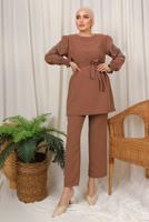 Tesettür giyim KAHVE KOLU İŞLEMELİ KUŞAKLI PANTOLONLU TAKIM T 0303