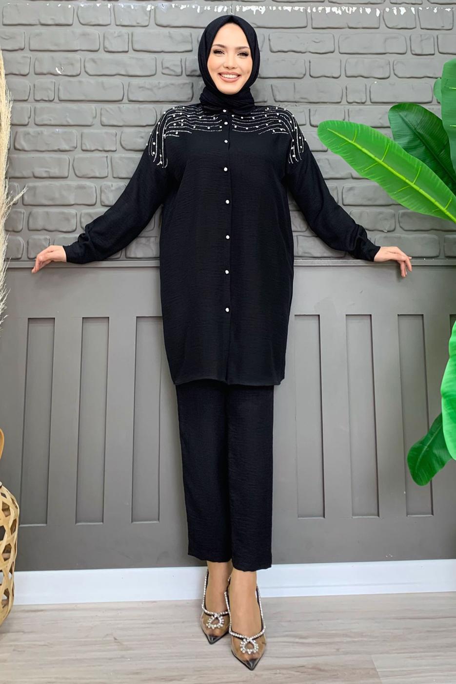 Tesettür giyim SİYAH TAŞ BASKILI DÜĞMELİ PANTOLONLU TAKIM T 0348