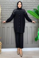 Tesettür giyim SİYAH TAŞ BASKILI DÜĞMELİ PANTOLONLU TAKIM T 0348