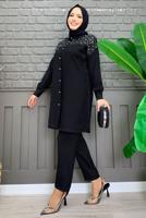 Tesettür giyim SİYAH TAŞ BASKILI DÜĞMELİ PANTOLONLU TAKIM T 0348