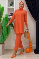 Tesettür giyim TURUNCU TAŞ BASKILI DÜĞMELİ PANTOLONLU TAKIM T 0348