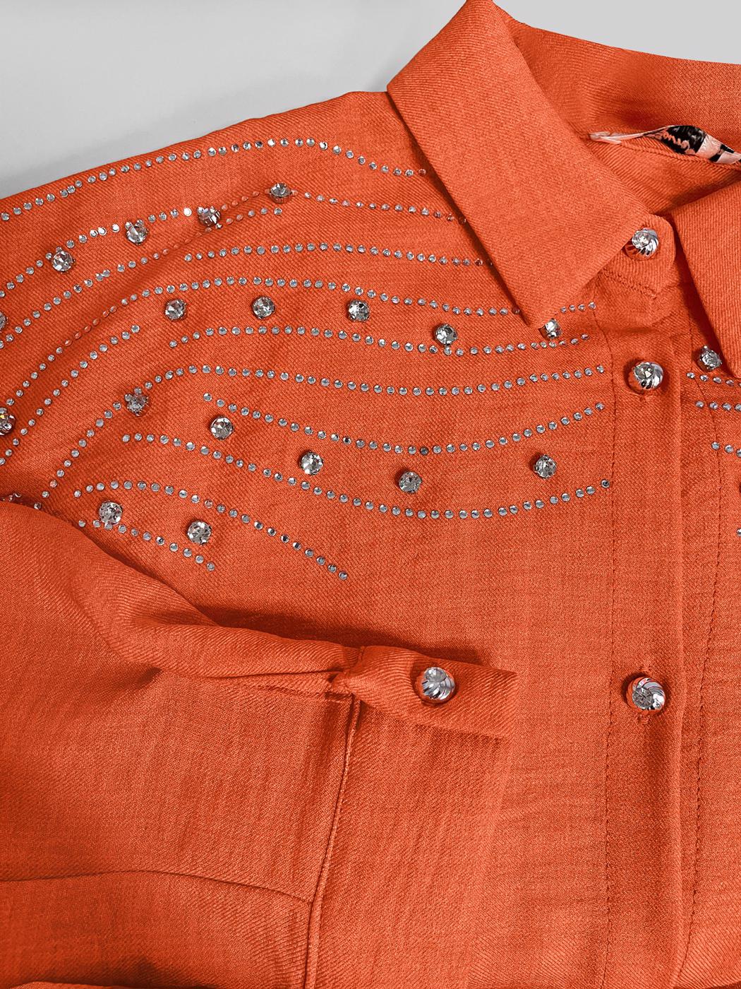 Tesettür giyim TURUNCU TAŞ BASKILI DÜĞMELİ PANTOLONLU TAKIM T 0348