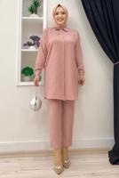 Tesettür giyim PUDRA TAŞ BASKILI DÜĞMELİ PANTOLONLU TAKIM T 0348