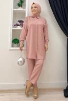Tesettür giyim PUDRA TAŞ BASKILI DÜĞMELİ PANTOLONLU TAKIM T 0348