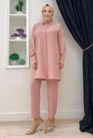Tesettür giyim PUDRA TAŞ BASKILI DÜĞMELİ PANTOLONLU TAKIM T 0348