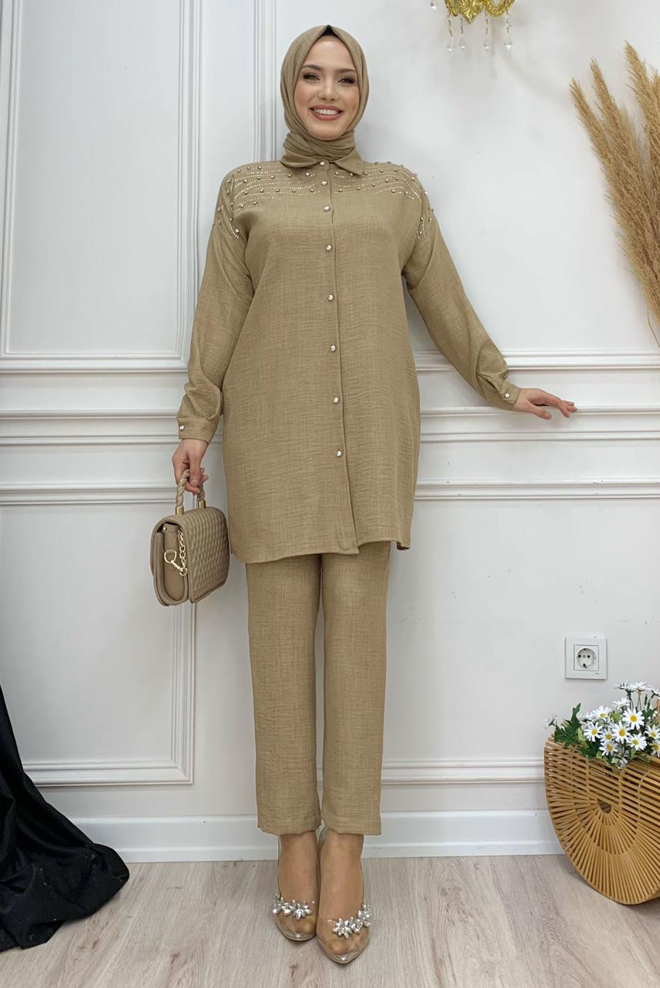 Tesettür giyim VİZON TAŞ BASKILI DÜĞMELİ PANTOLONLU TAKIM T 0348