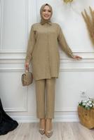 Tesettür giyim VİZON TAŞ BASKILI DÜĞMELİ PANTOLONLU TAKIM T 0348