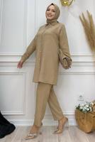 Tesettür giyim VİZON TAŞ BASKILI DÜĞMELİ PANTOLONLU TAKIM T 0348