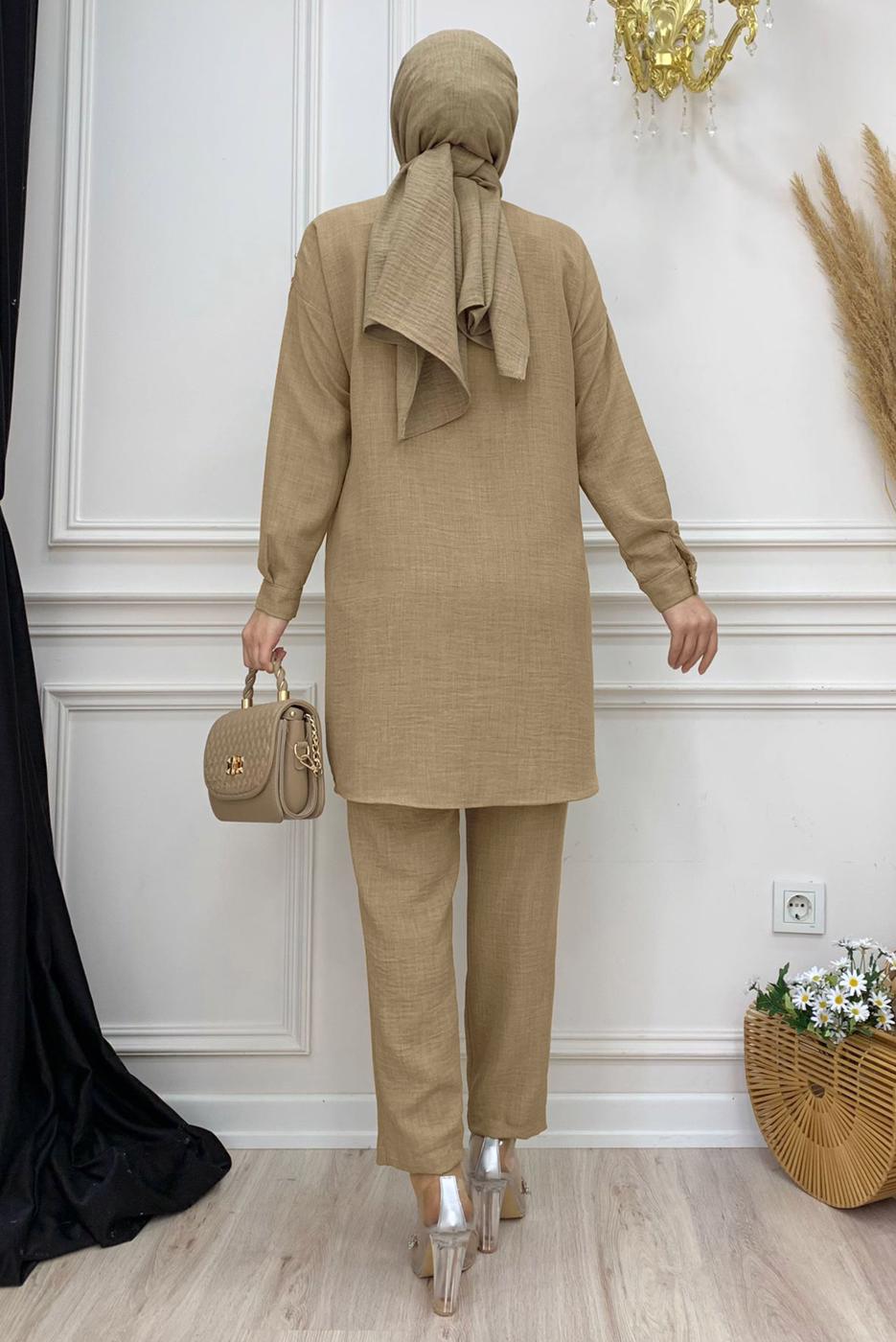 Tesettür giyim VİZON TAŞ BASKILI DÜĞMELİ PANTOLONLU TAKIM T 0348