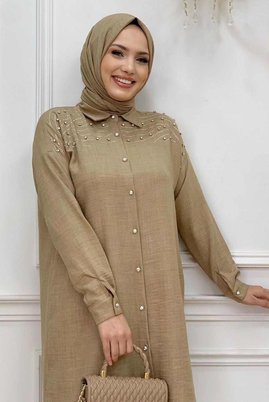 Tesettür giyim VİZON TAŞ BASKILI DÜĞMELİ PANTOLONLU TAKIM T 0348