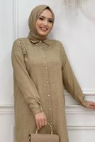 Tesettür giyim VİZON TAŞ BASKILI DÜĞMELİ PANTOLONLU TAKIM T 0348