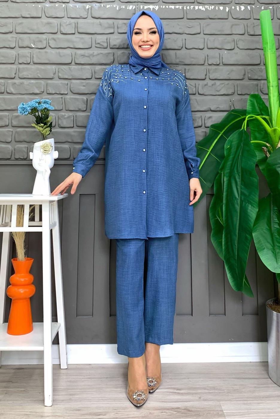 Tesettür giyim LACİVERT TAŞ BASKILI DÜĞMELİ PANTOLONLU TAKIM T 0348