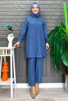 Tesettür giyim LACİVERT TAŞ BASKILI DÜĞMELİ PANTOLONLU TAKIM T 0348