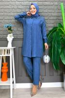 Tesettür giyim LACİVERT TAŞ BASKILI DÜĞMELİ PANTOLONLU TAKIM T 0348