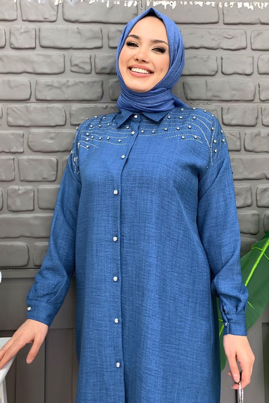 Tesettür giyim LACİVERT TAŞ BASKILI DÜĞMELİ PANTOLONLU TAKIM T 0348