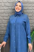 Tesettür giyim LACİVERT TAŞ BASKILI DÜĞMELİ PANTOLONLU TAKIM T 0348