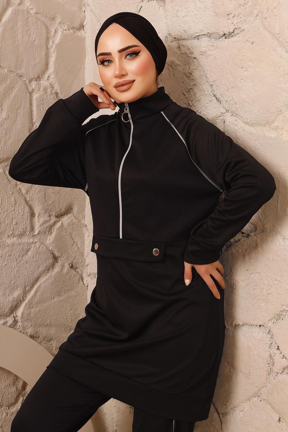 Tesettür giyim SİYAH FERMUARLI ŞERİT DETAYLI İKİLİ PANTOLONLU EŞOFMAN TAKIMI T 0392