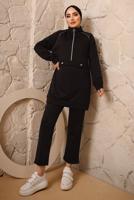 Tesettür giyim SİYAH FERMUARLI ŞERİT DETAYLI İKİLİ PANTOLONLU EŞOFMAN TAKIMI T 0392