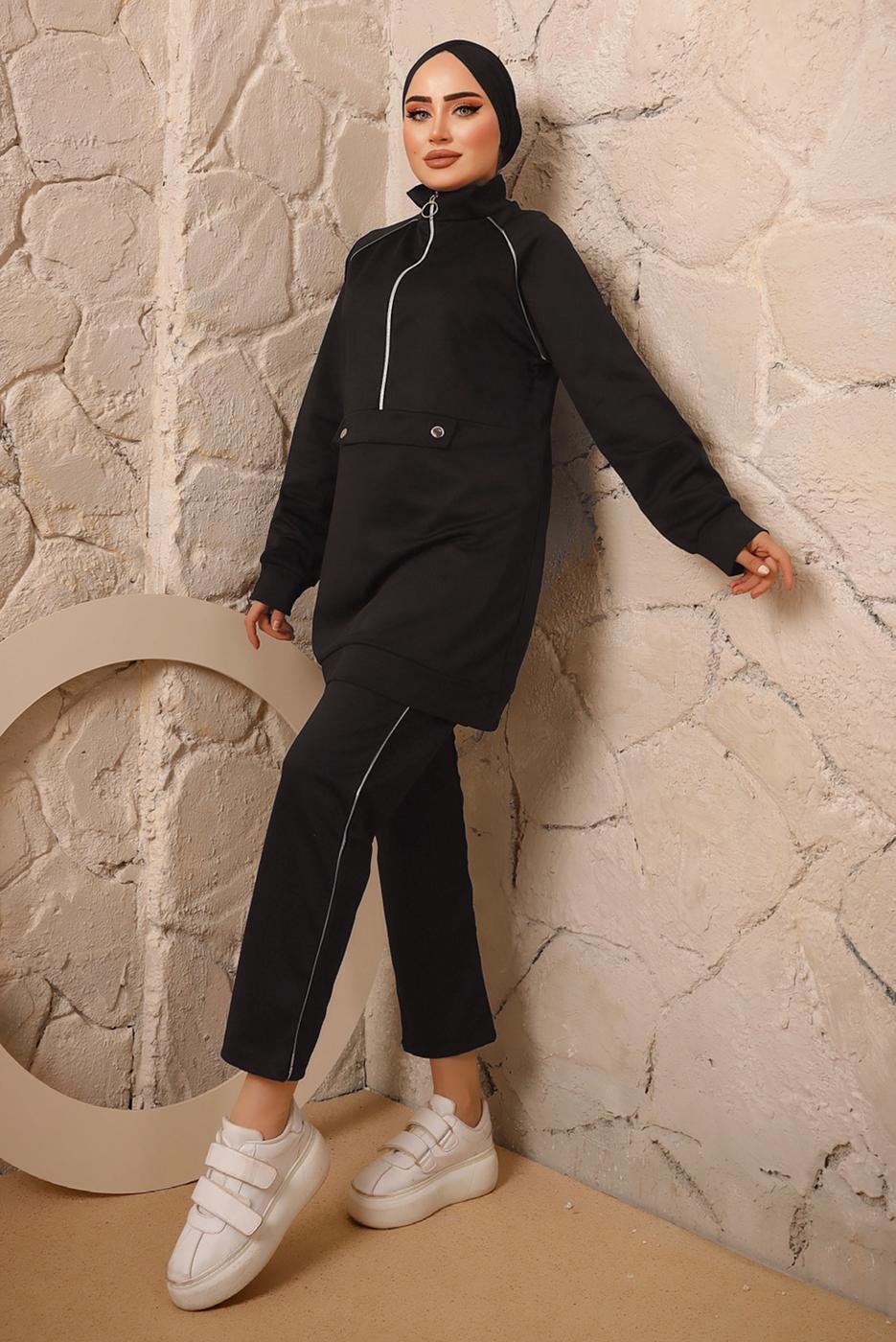 Tesettür giyim SİYAH FERMUARLI ŞERİT DETAYLI İKİLİ PANTOLONLU EŞOFMAN TAKIMI T 0392