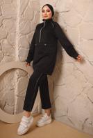 Tesettür giyim SİYAH FERMUARLI ŞERİT DETAYLI İKİLİ PANTOLONLU EŞOFMAN TAKIMI T 0392