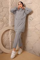 Tesettür giyim GRİ FERMUARLI ŞERİT DETAYLI İKİLİ PANTOLONLU EŞOFMAN TAKIMI T 0392