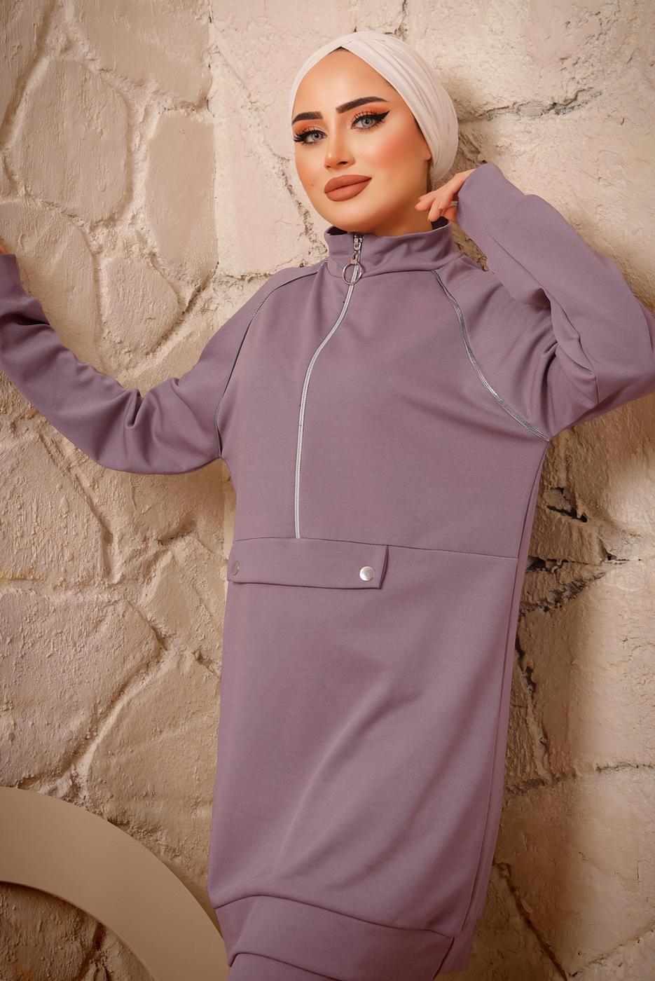 Tesettür giyim MOR FERMUARLI ŞERİT DETAYLI İKİLİ PANTOLONLU EŞOFMAN TAKIMI T 0392