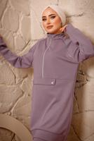 Tesettür giyim MOR FERMUARLI ŞERİT DETAYLI İKİLİ PANTOLONLU EŞOFMAN TAKIMI T 0392