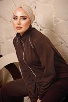 Tesettür giyim KAHVE FERMUARLI ŞERİT DETAYLI İKİLİ PANTOLONLU EŞOFMAN TAKIMI T 0392