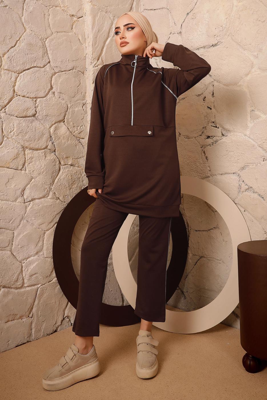 Tesettür giyim KAHVE FERMUARLI ŞERİT DETAYLI İKİLİ PANTOLONLU EŞOFMAN TAKIMI T 0392