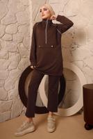 Tesettür giyim KAHVE FERMUARLI ŞERİT DETAYLI İKİLİ PANTOLONLU EŞOFMAN TAKIMI T 0392